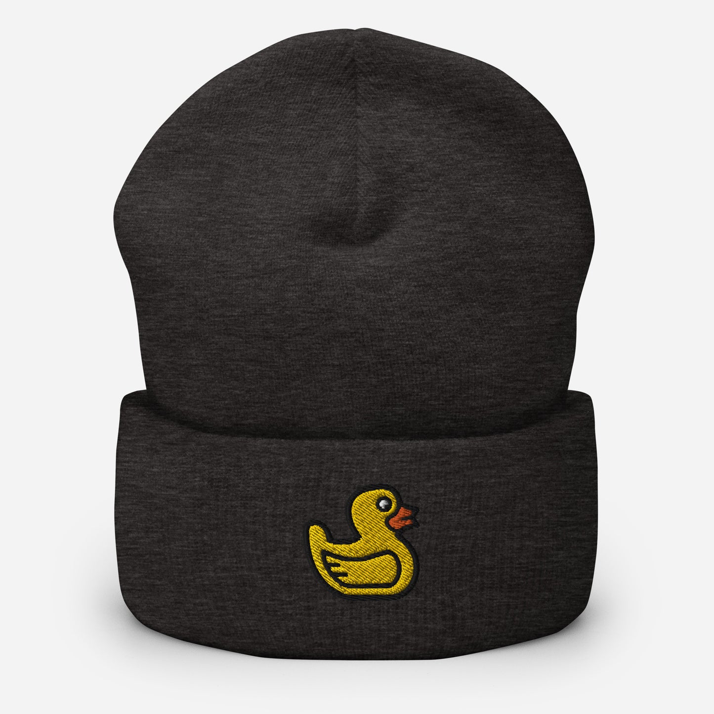 Embroidered Toy Duck Beanie, Rubber Duck Handmade Cuffed Knit Unisex Slouchy Adult Hat Gift Cap