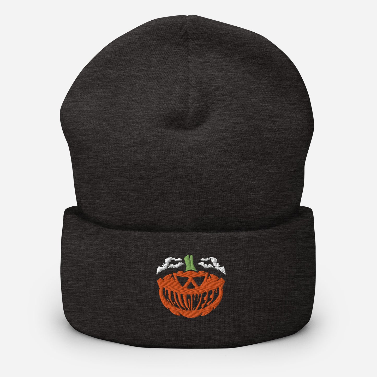 Halloween Smile Pumpkin Beanie Cap, Embroidered Flying Bats Cuffed Beanie, Handmade Unisex Slouchy Evil Smile Gift Hat Cap