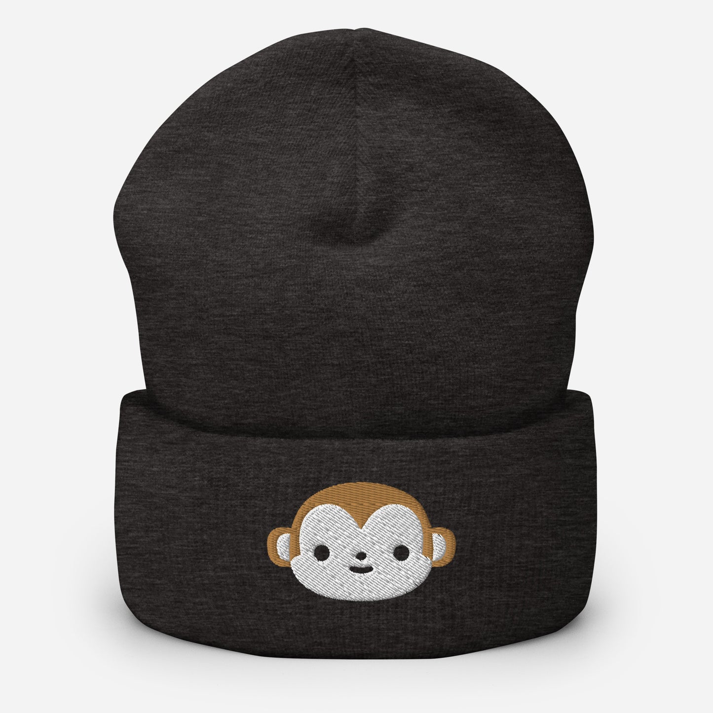 Brown Monkey Beanie Cap, Embroidered Wild Animal Cuffed Beanie, Handmade Unisex Slouchy Cartoon Monkey Gift Hat Cap