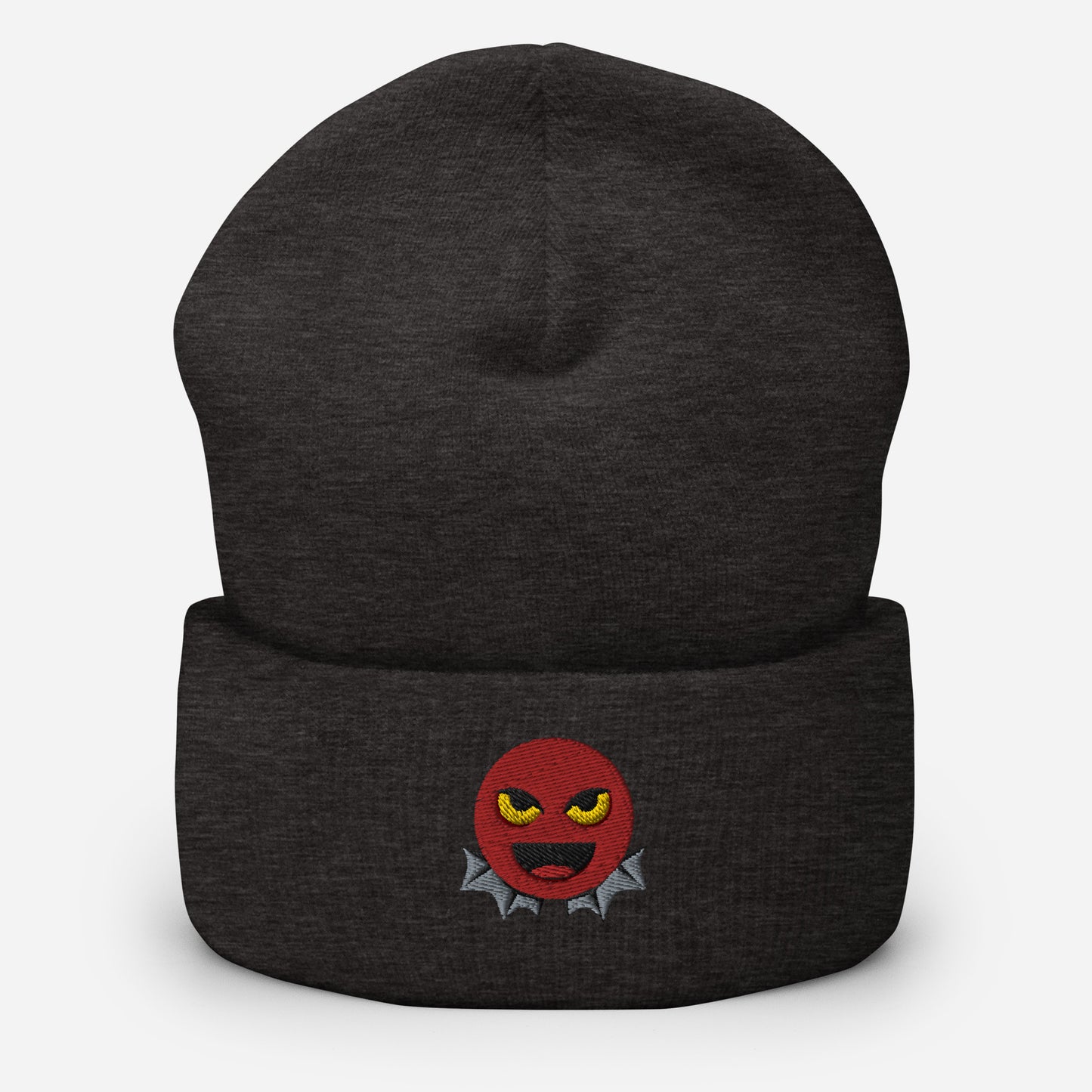 Halloween Devil Beanie Cap, Embroidered Evil Emoticon Cuffed Beanie, Handmade Unisex Slouchy Scary Emoji Gift Hat Cap