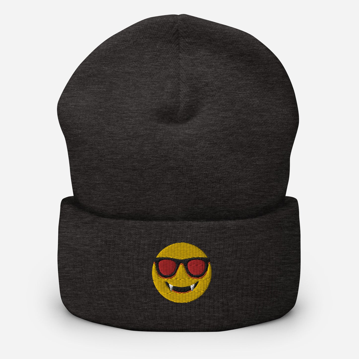 Halloween Dracula Face Beanie Cap, Embroidered Evil Emoticon Cuffed Beanie, Handmade Unisex Slouchy Scary Smile Emoji Gift Hat Cap