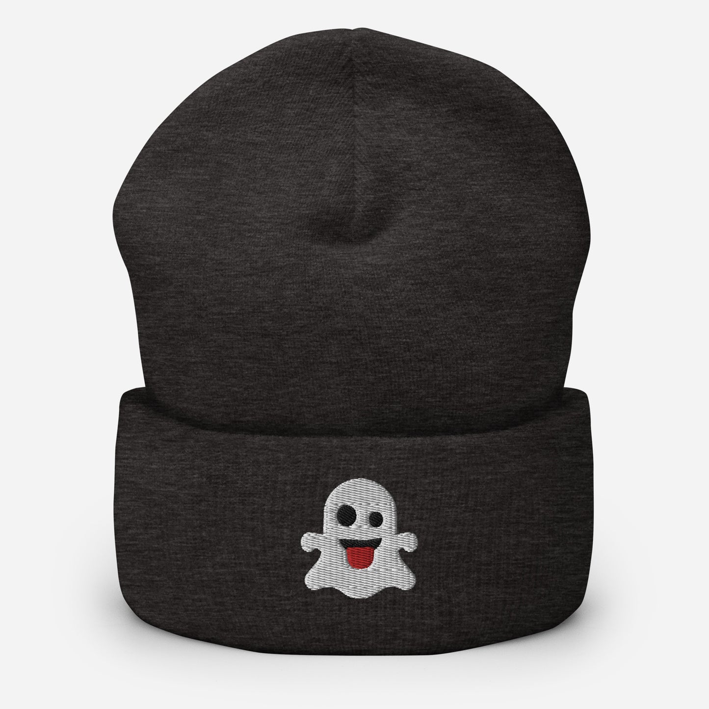 Halloween Ghost Beanie Cap, Embroidered Boo Ghost Cuffed Beanie, Handmade Unisex Slouchy Scary Smile Emoji Gift Hat Cap