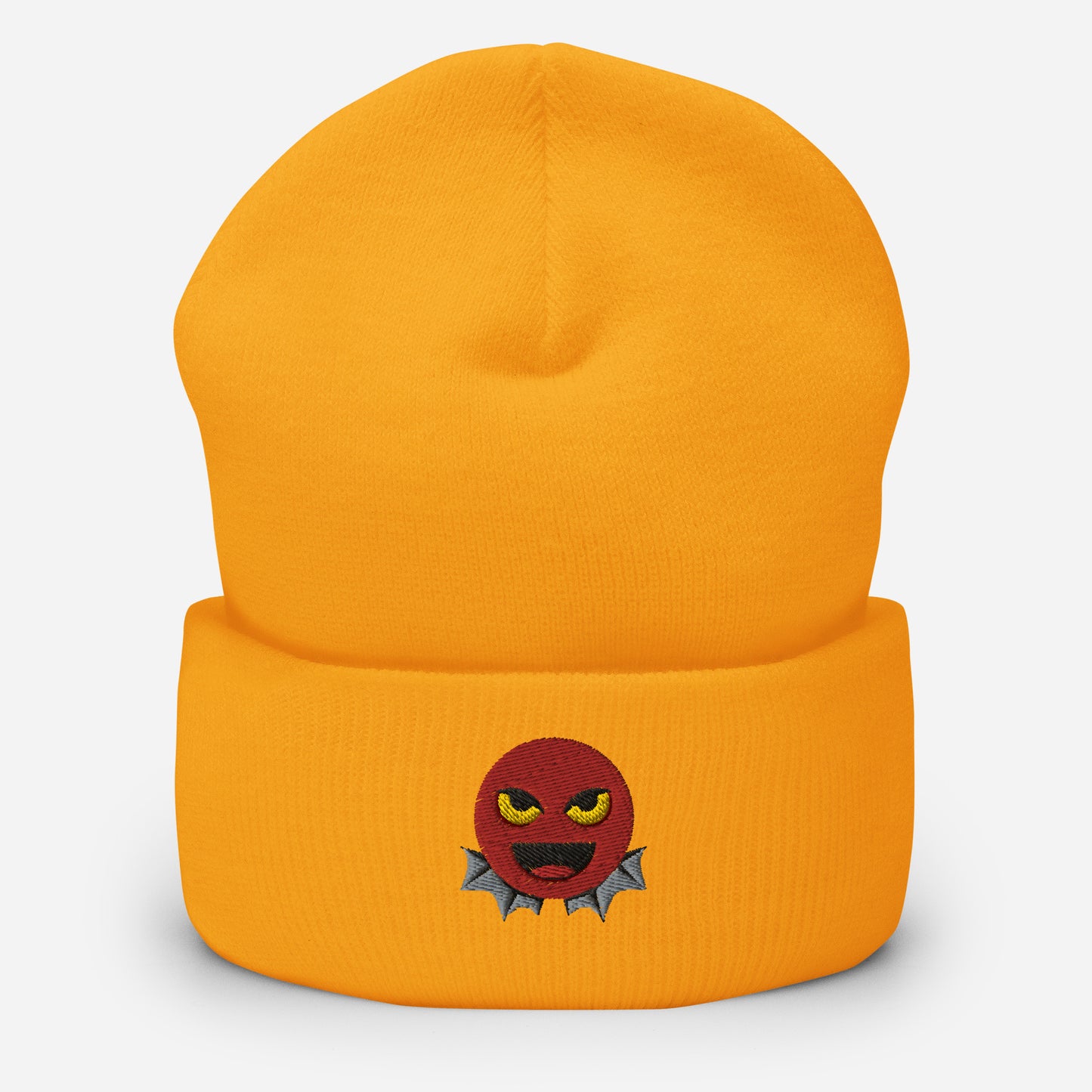 Halloween Devil Beanie Cap, Embroidered Evil Emoticon Cuffed Beanie, Handmade Unisex Slouchy Scary Emoji Gift Hat Cap