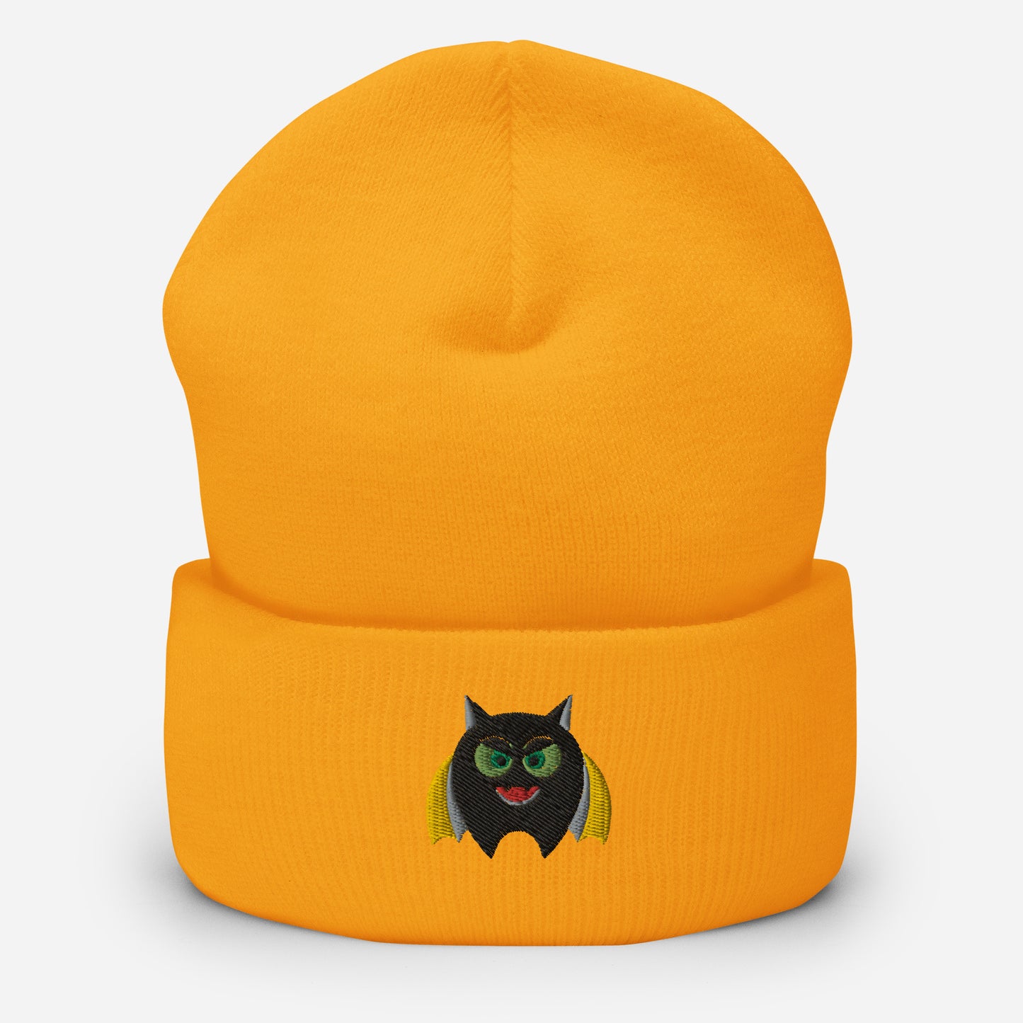 Halloween Bat Beanie Cap, Embroidered Flying Bat Cuffed Beanie, Handmade Unisex Slouchy Scary Smile Emoji Gift Hat Cap