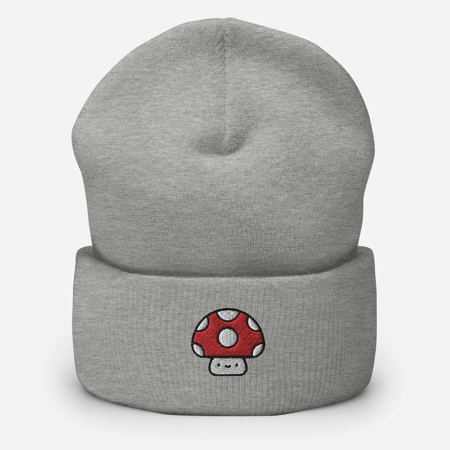Mushroom Beanie Cap, Embroidered Toadstool Cuffed Beanie, Handmade Unisex Slouchy Smiley Mushroom Gift Hat Cap