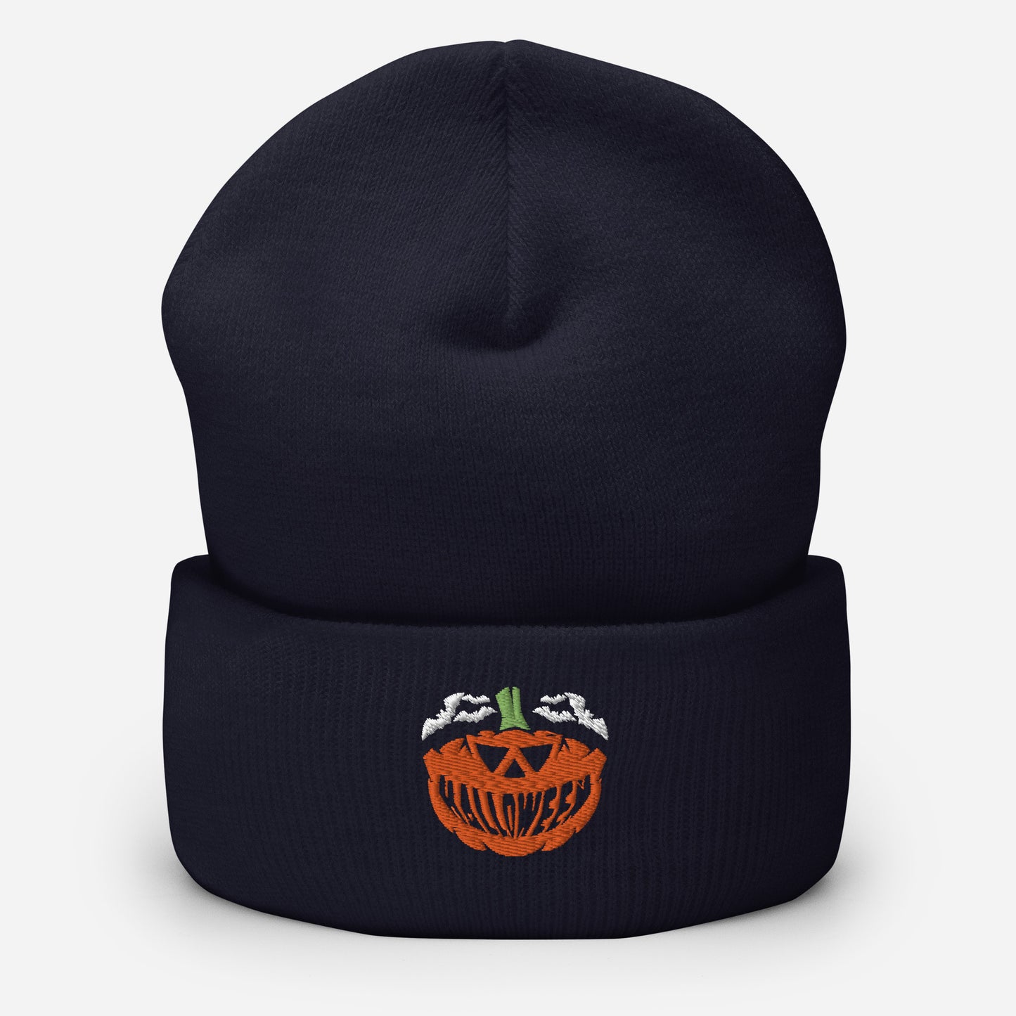 Halloween Smile Pumpkin Beanie Cap, Embroidered Flying Bats Cuffed Beanie, Handmade Unisex Slouchy Evil Smile Gift Hat Cap