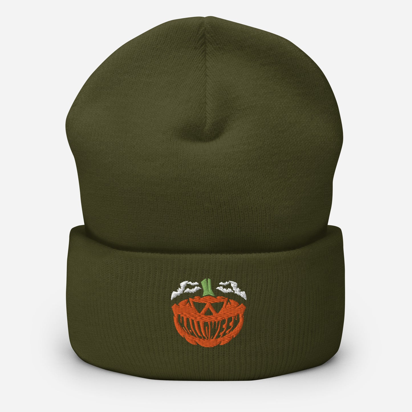 Halloween Smile Pumpkin Beanie Cap, Embroidered Flying Bats Cuffed Beanie, Handmade Unisex Slouchy Evil Smile Gift Hat Cap