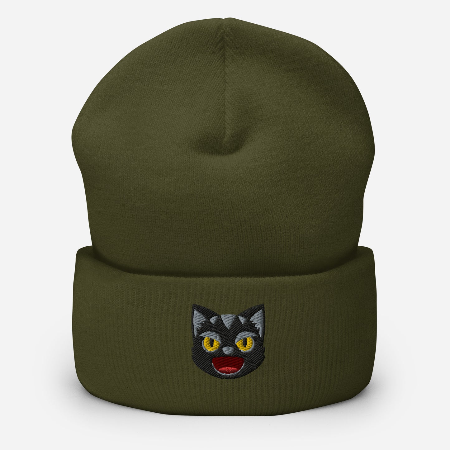 Halloween Black Cat Beanie Cap, Embroidered Spooky Cat Cuffed Beanie, Handmade Unisex Slouchy Angry Face Gift Hat Cap