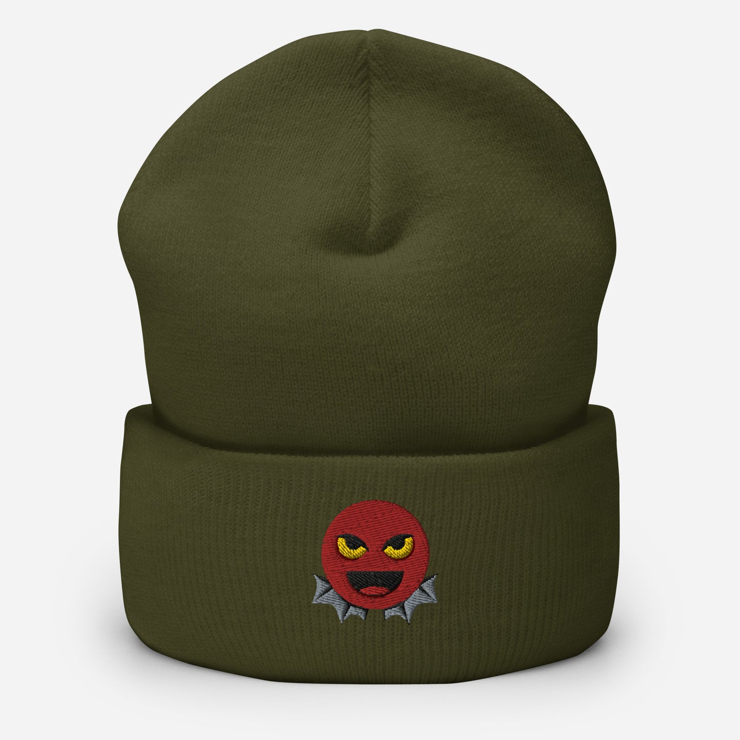 Halloween Devil Beanie Cap, Embroidered Evil Emoticon Cuffed Beanie, Handmade Unisex Slouchy Scary Emoji Gift Hat Cap
