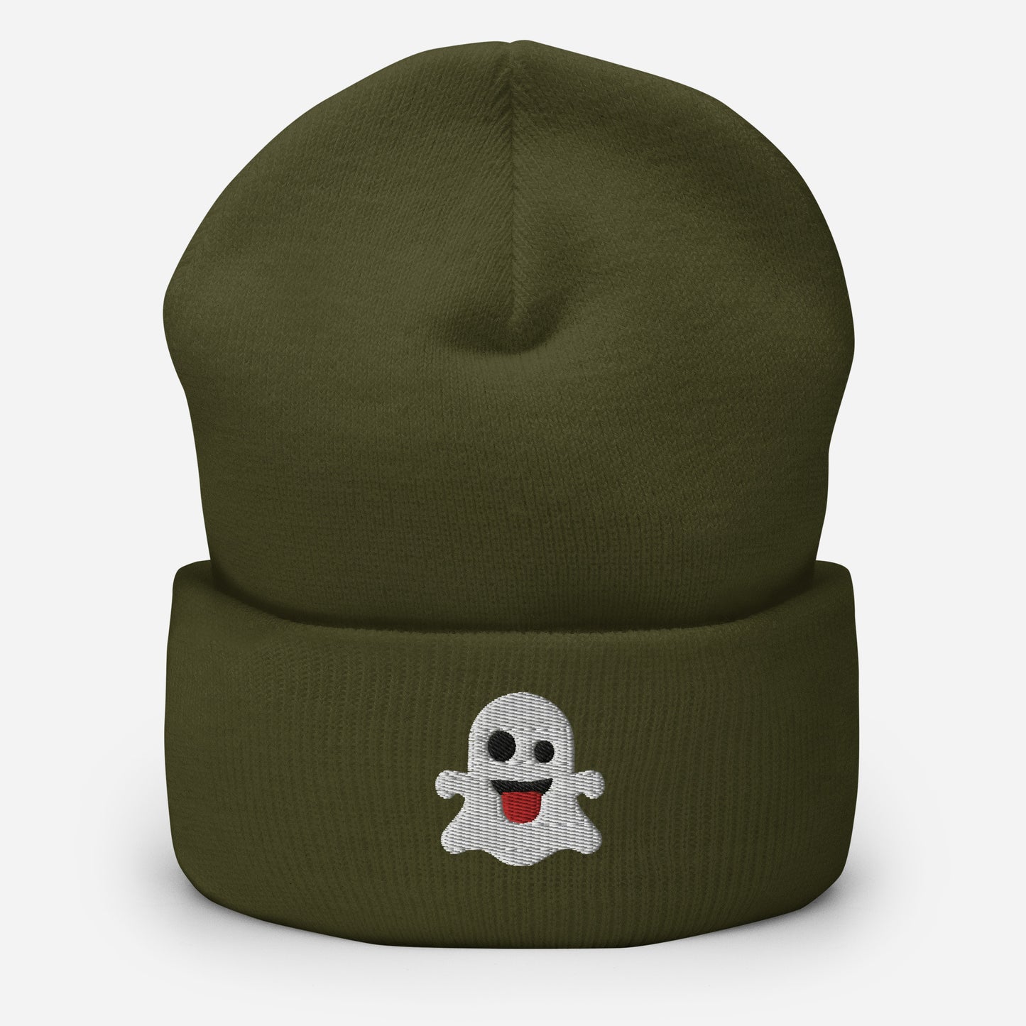 Halloween Ghost Beanie Cap, Embroidered Boo Ghost Cuffed Beanie, Handmade Unisex Slouchy Scary Smile Emoji Gift Hat Cap