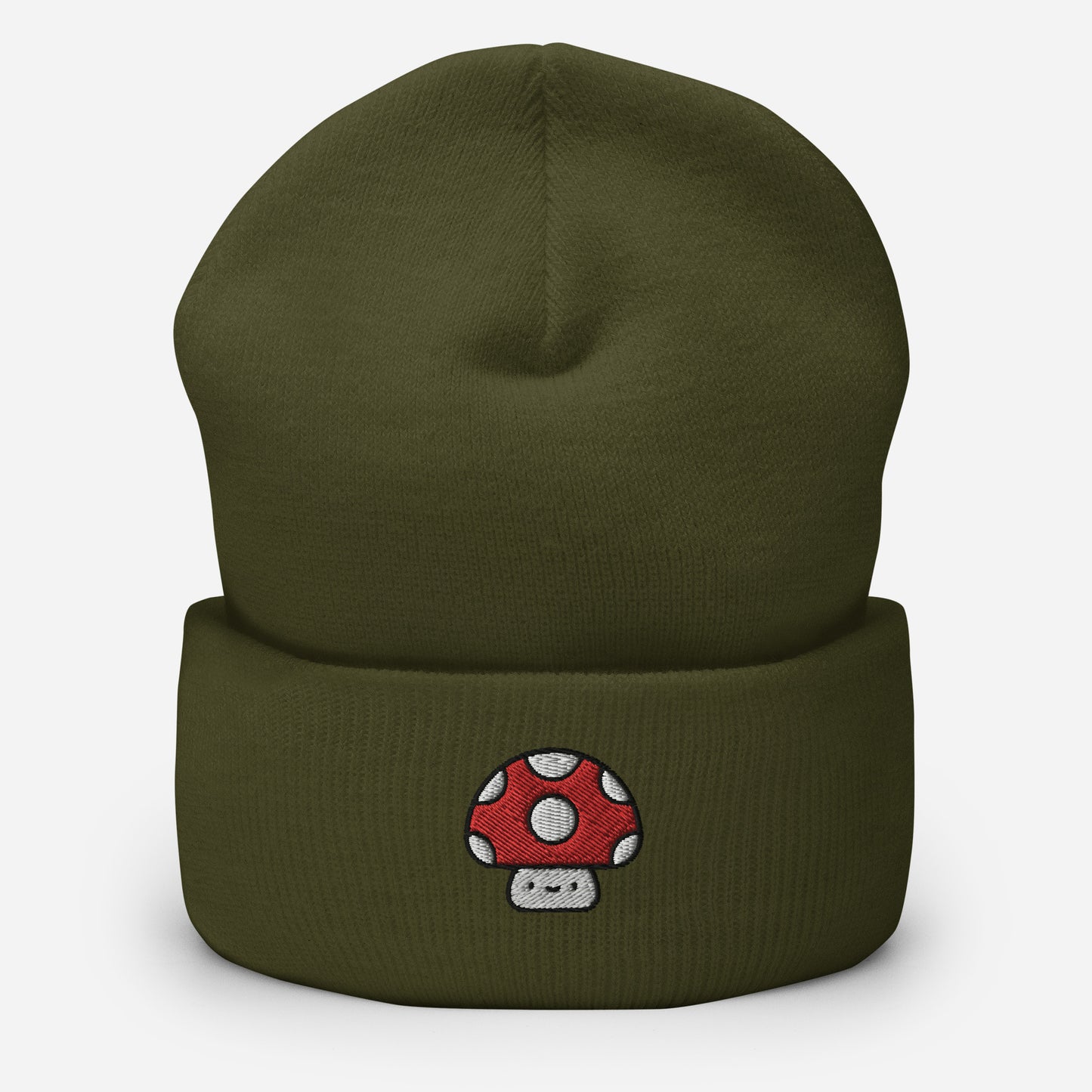 Mushroom Beanie Cap, Embroidered Toadstool Cuffed Beanie, Handmade Unisex Slouchy Smiley Mushroom Gift Hat Cap