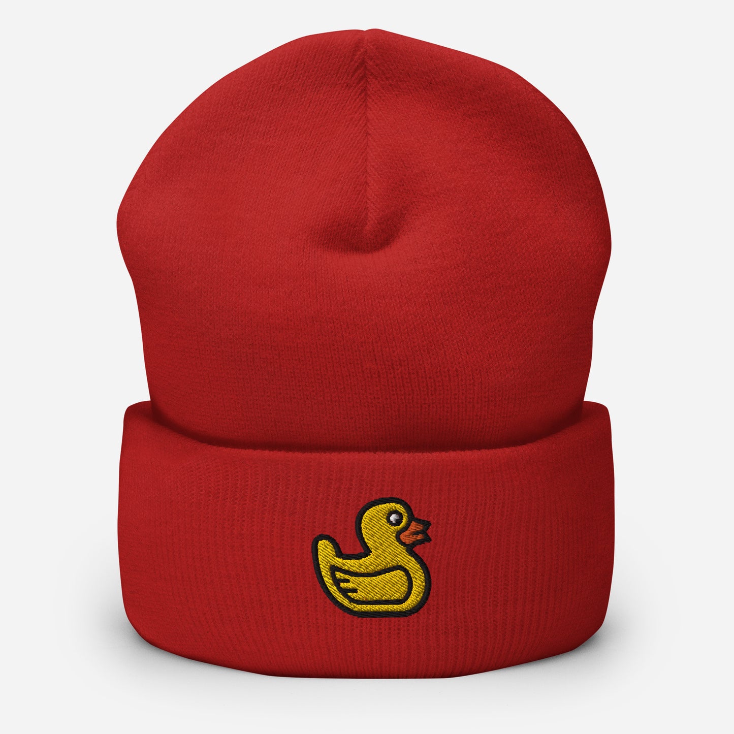 Embroidered Toy Duck Beanie, Rubber Duck Handmade Cuffed Knit Unisex Slouchy Adult Hat Gift Cap