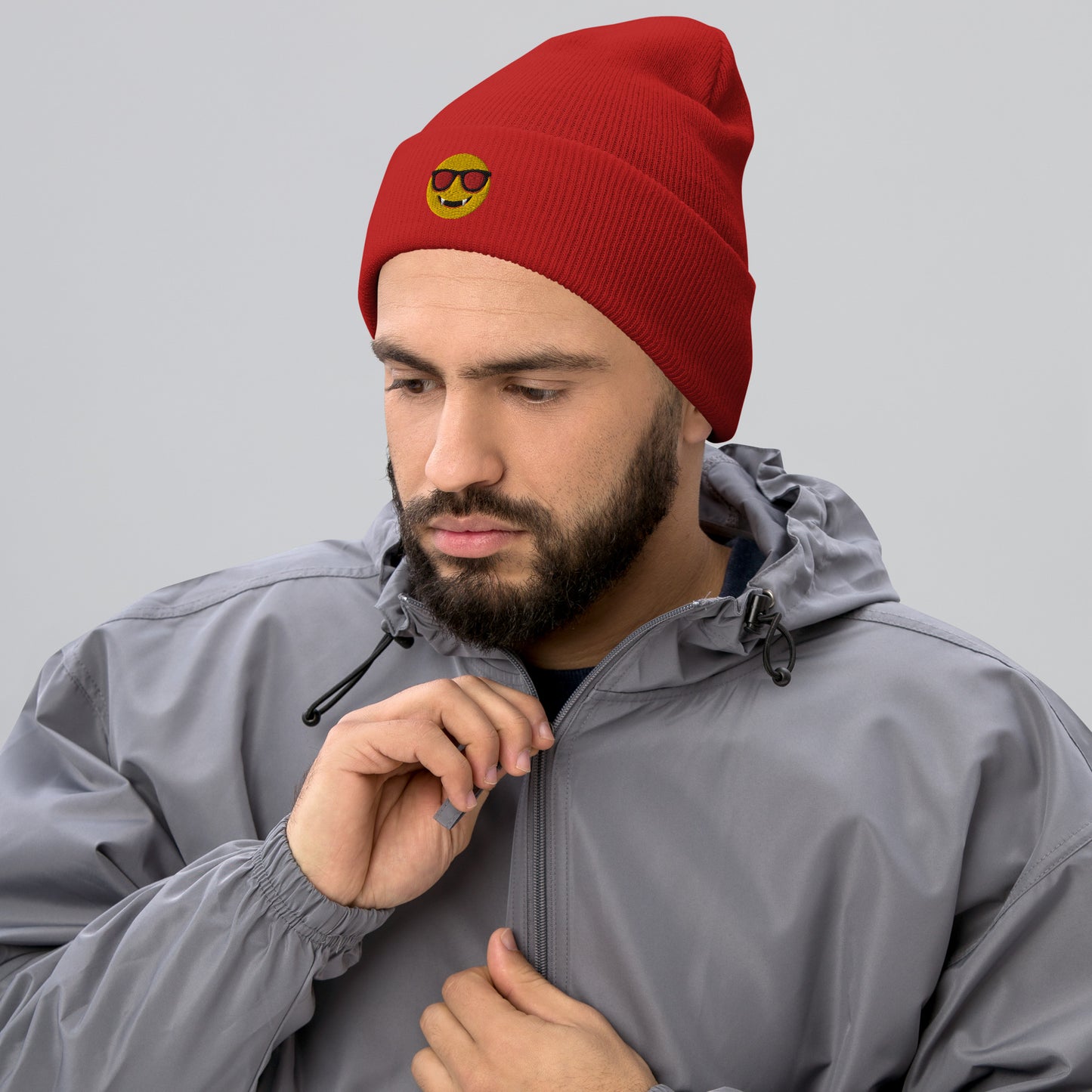 Halloween Dracula Face Beanie Cap, Embroidered Evil Emoticon Cuffed Beanie, Handmade Unisex Slouchy Scary Smile Emoji Gift Hat Cap