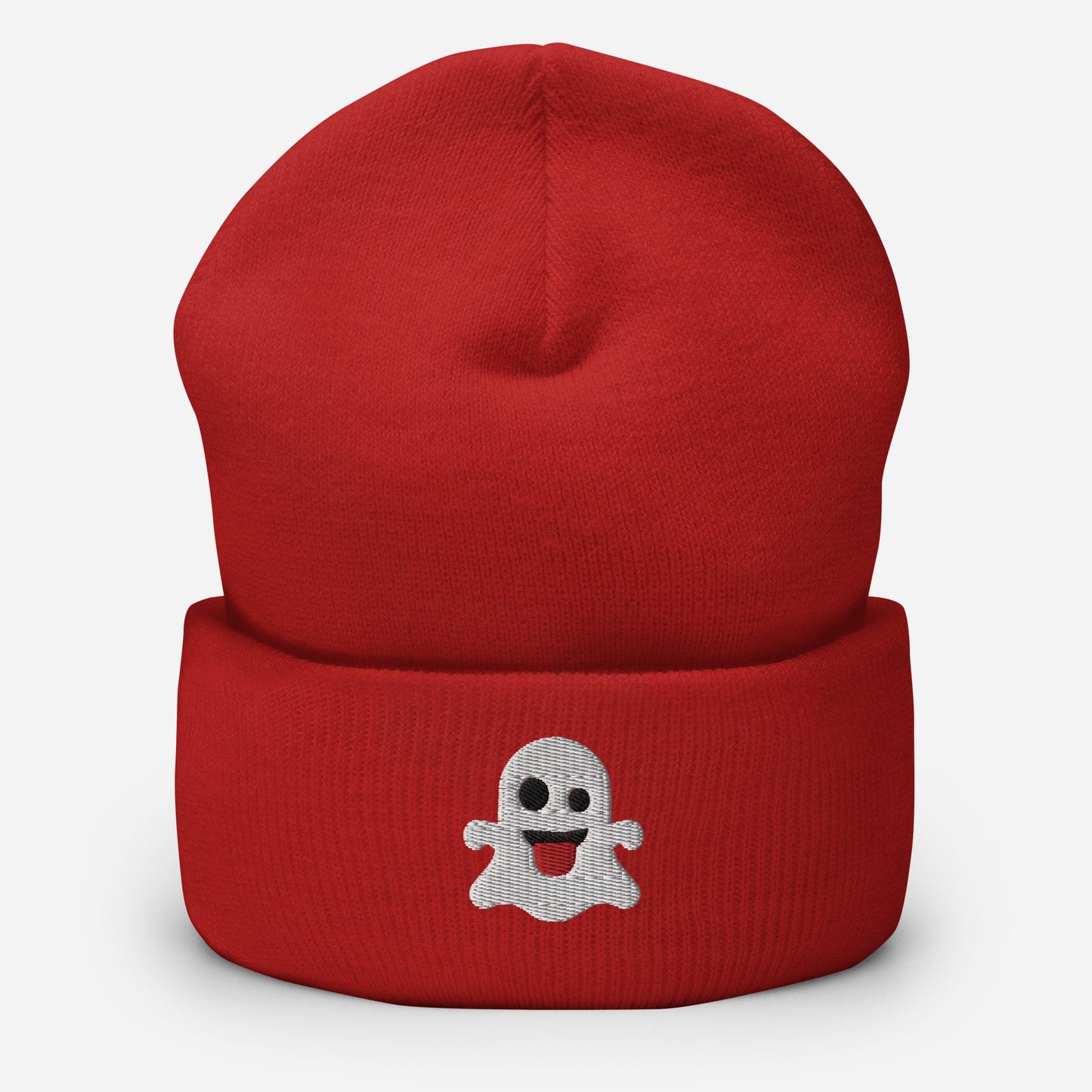 Halloween Ghost Beanie Cap, Embroidered Boo Ghost Cuffed Beanie, Handmade Unisex Slouchy Scary Smile Emoji Gift Hat Cap