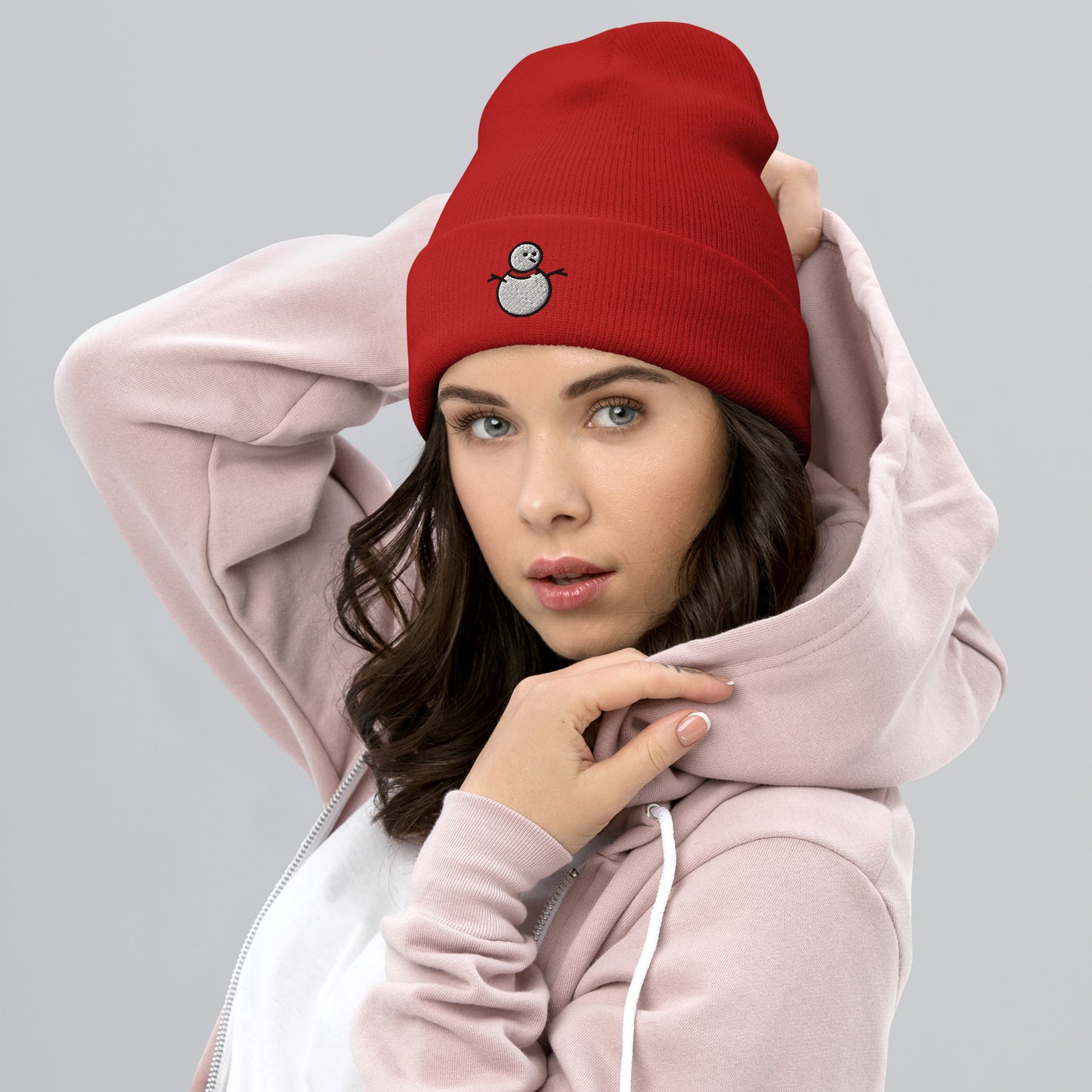 Snowman Beanie Cap, Embroidered Christmas Cuffed Beanie, Handmade Unisex Slouchy Xmas Festive Gift Hat Cap