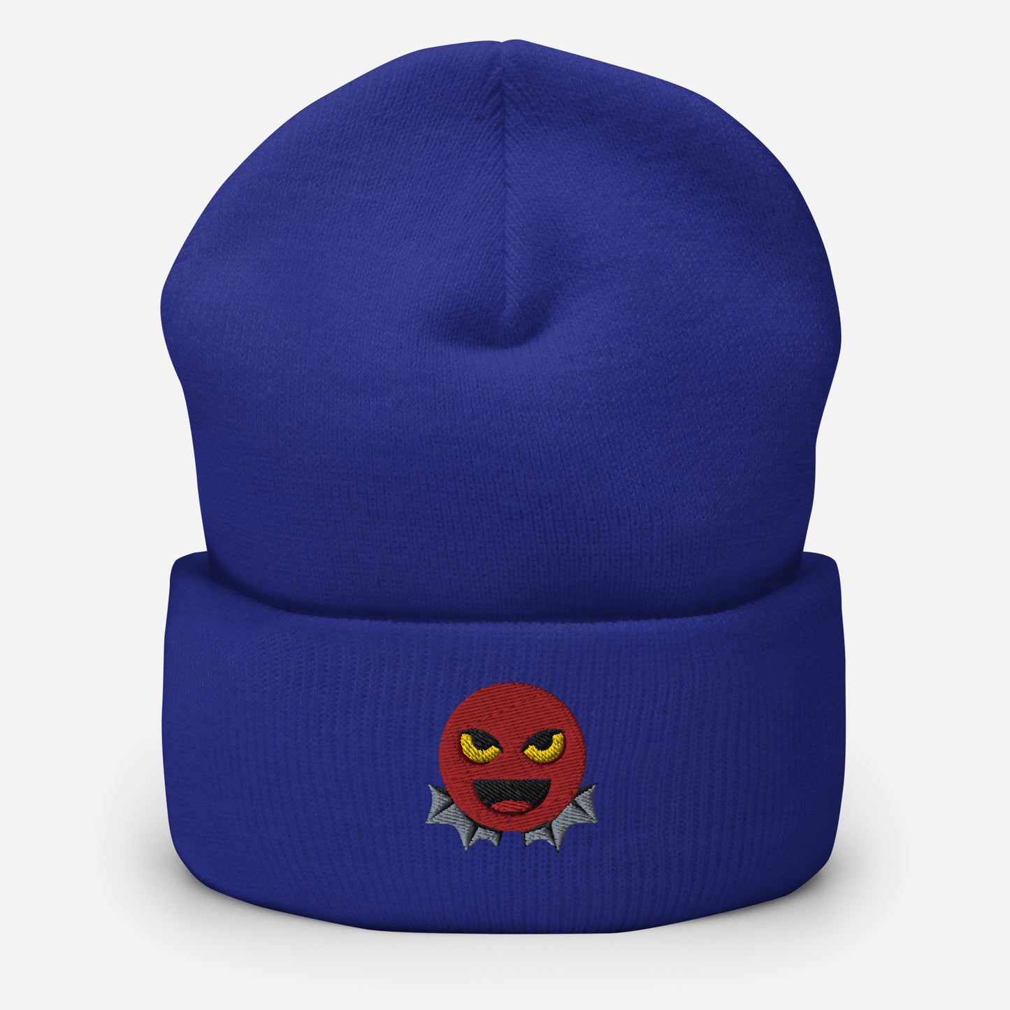 Halloween Devil Beanie Cap, Embroidered Evil Emoticon Cuffed Beanie, Handmade Unisex Slouchy Scary Emoji Gift Hat Cap