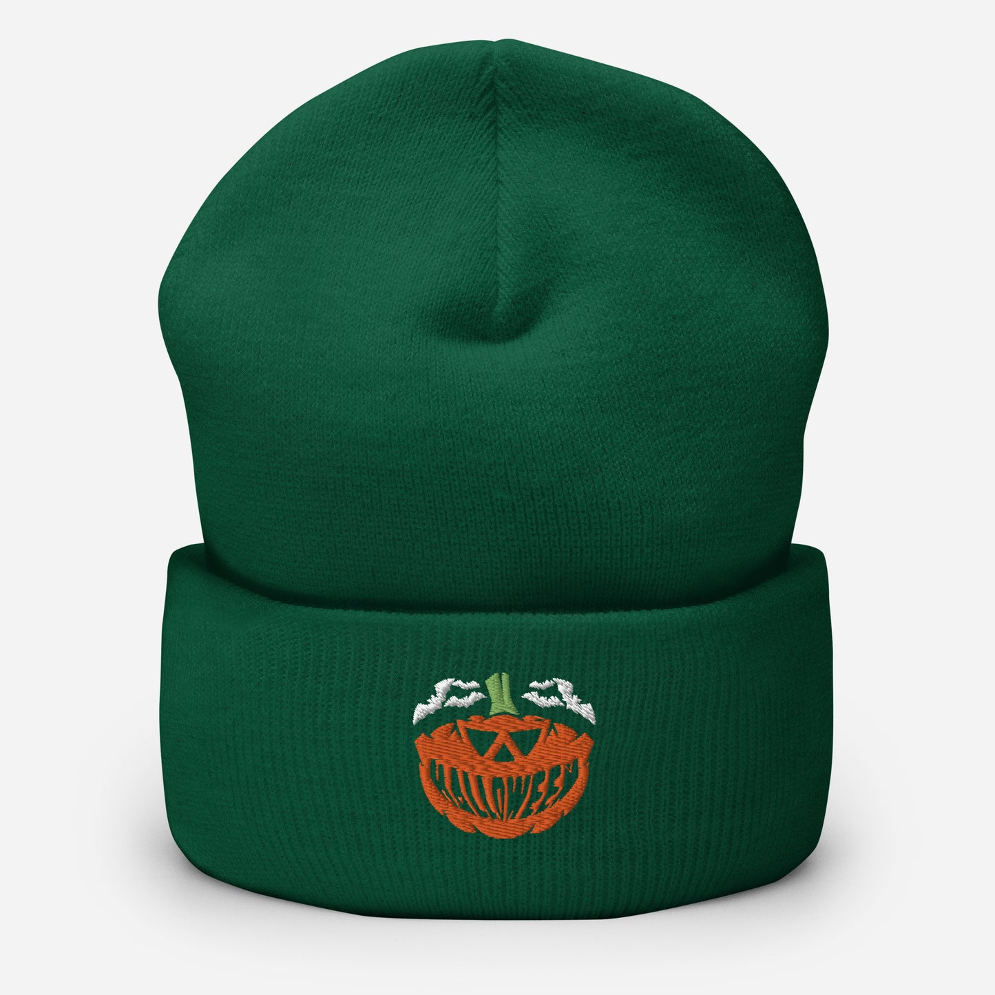Halloween Smile Pumpkin Beanie Cap, Embroidered Flying Bats Cuffed Beanie, Handmade Unisex Slouchy Evil Smile Gift Hat Cap