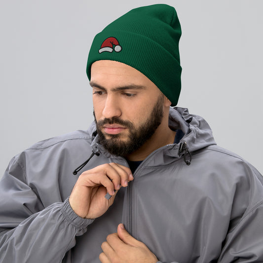 Christmas Santa Beanie Cap, Embroidered Christmas Santa Claus Cuffed Beanie, Handmade Unisex Slouchy Xmas Festive Gift Hat Cap