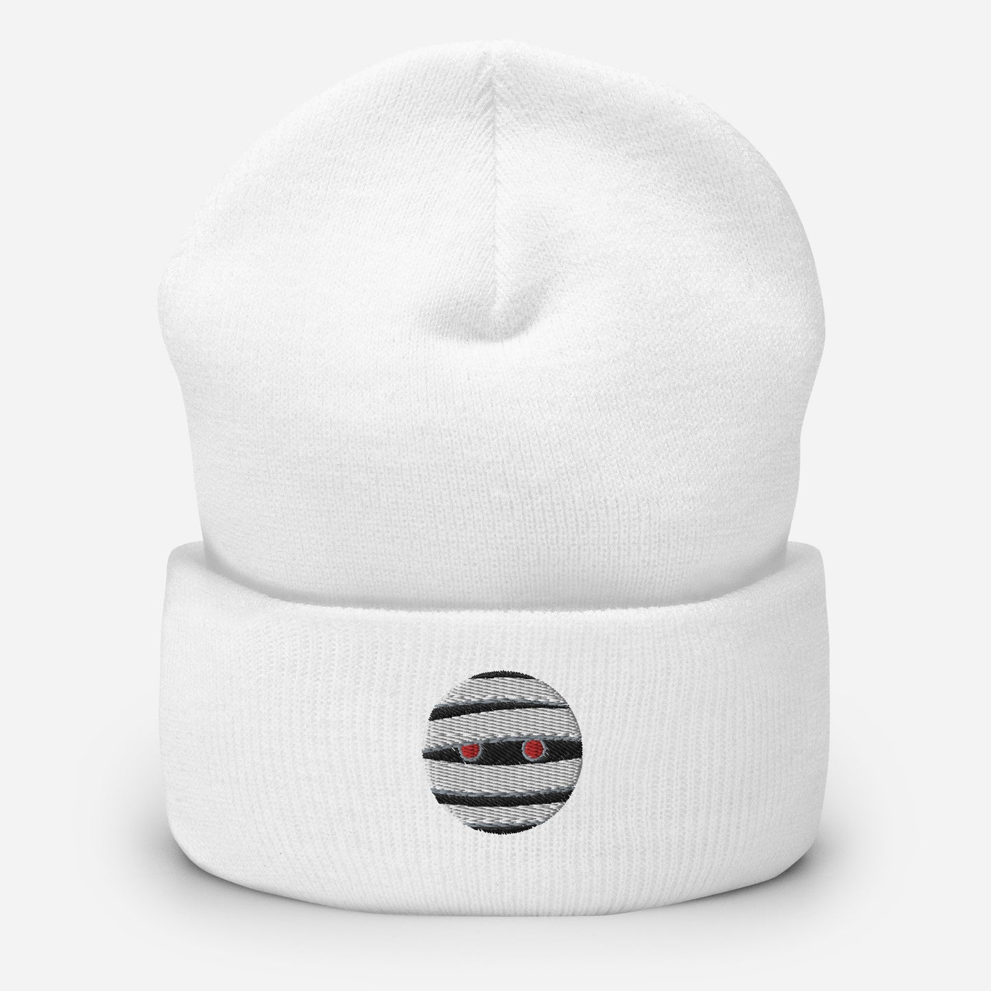 Halloween Mummy Beanie Cap, Embroidered Mummy Face Cuffed Beanie, Handmade Unisex Slouchy Scary Emoji Gift Hat Cap
