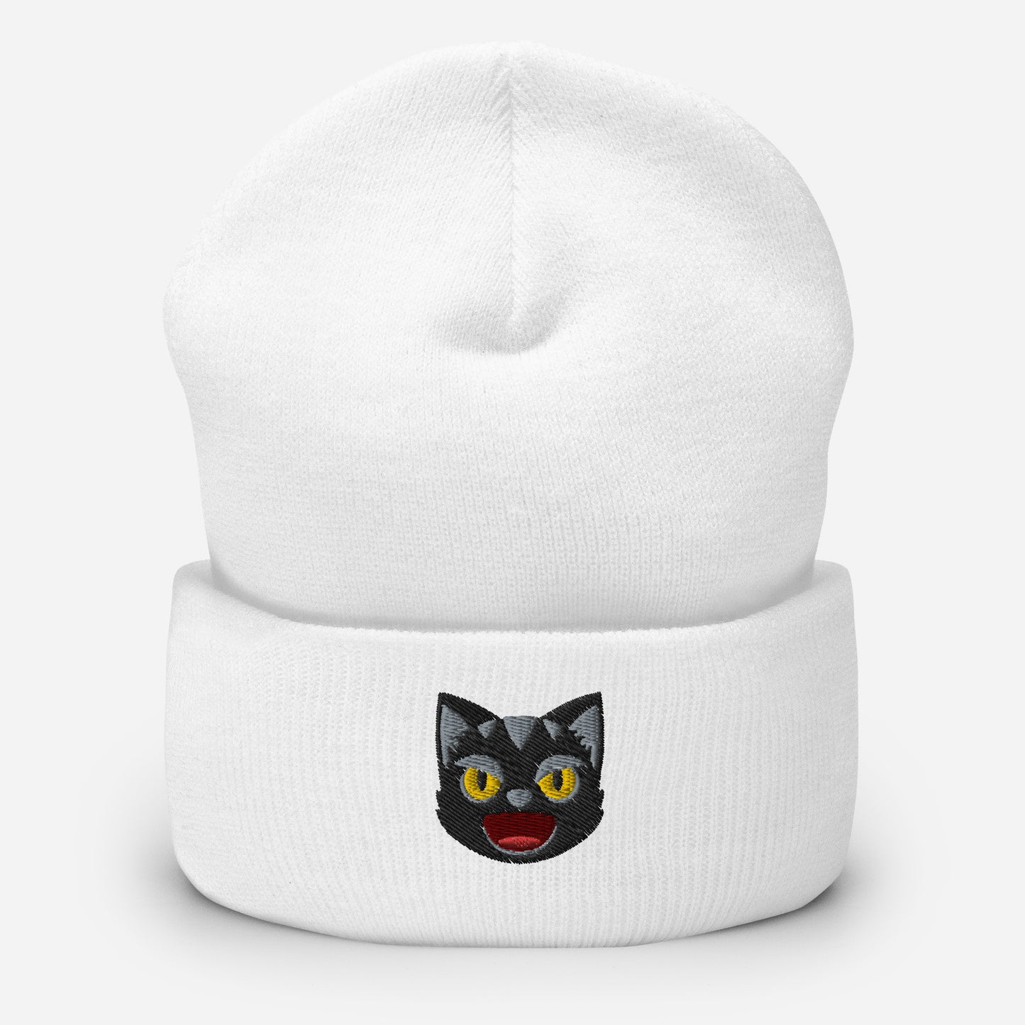 Halloween Black Cat Beanie Cap, Embroidered Spooky Cat Cuffed Beanie, Handmade Unisex Slouchy Angry Face Gift Hat Cap