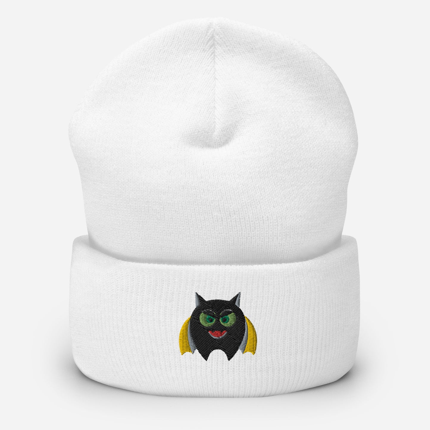 Halloween Bat Beanie Cap, Embroidered Flying Bat Cuffed Beanie, Handmade Unisex Slouchy Scary Smile Emoji Gift Hat Cap