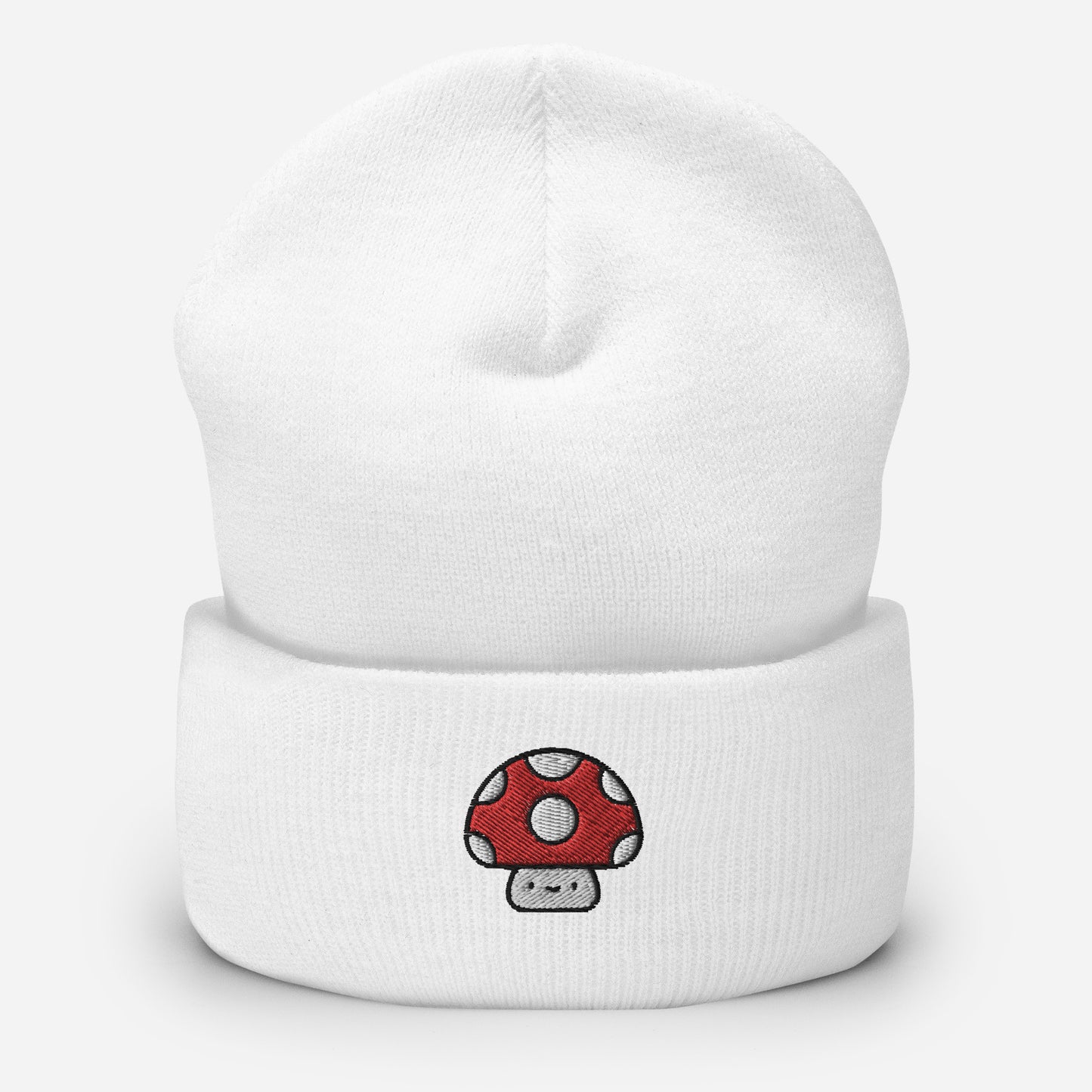 Mushroom Beanie Cap, Embroidered Toadstool Cuffed Beanie, Handmade Unisex Slouchy Smiley Mushroom Gift Hat Cap