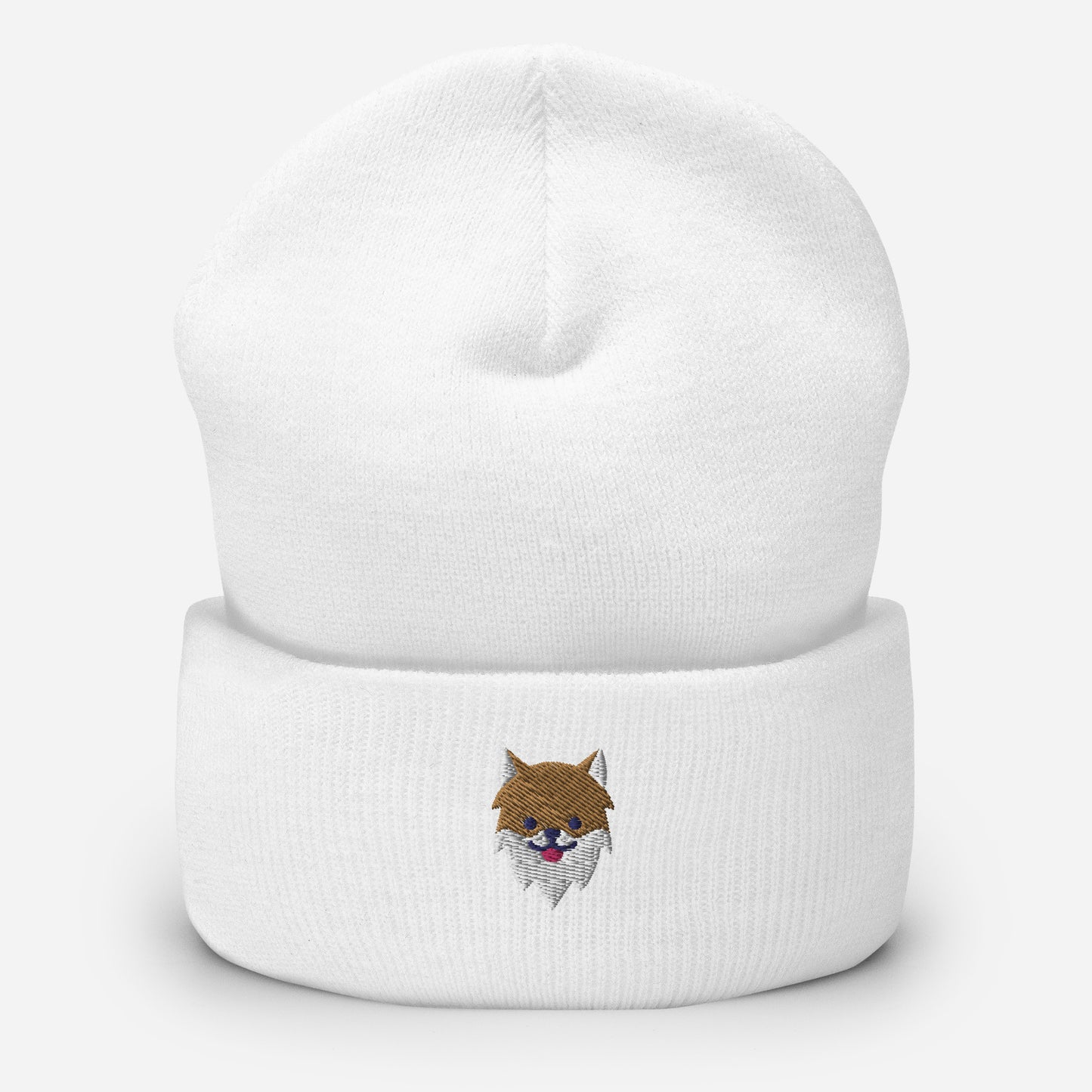 Pomeranian Dog Face Beanie Cap, Embroidered Dog Lover Cuffed Beanie, Handmade Unisex Slouchy Pom Dogs Gift Hat Cap