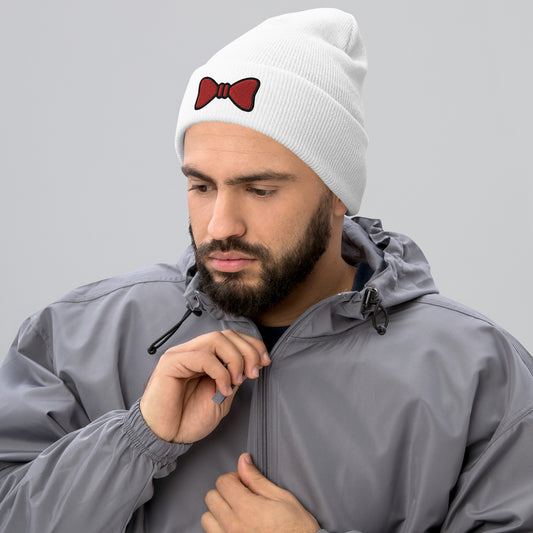 Bow Tie Beanie Cap, Embroidered Christmas Cuffed Beanie, Handmade Unisex Slouchy Xmas Festive Gift Hat Cap