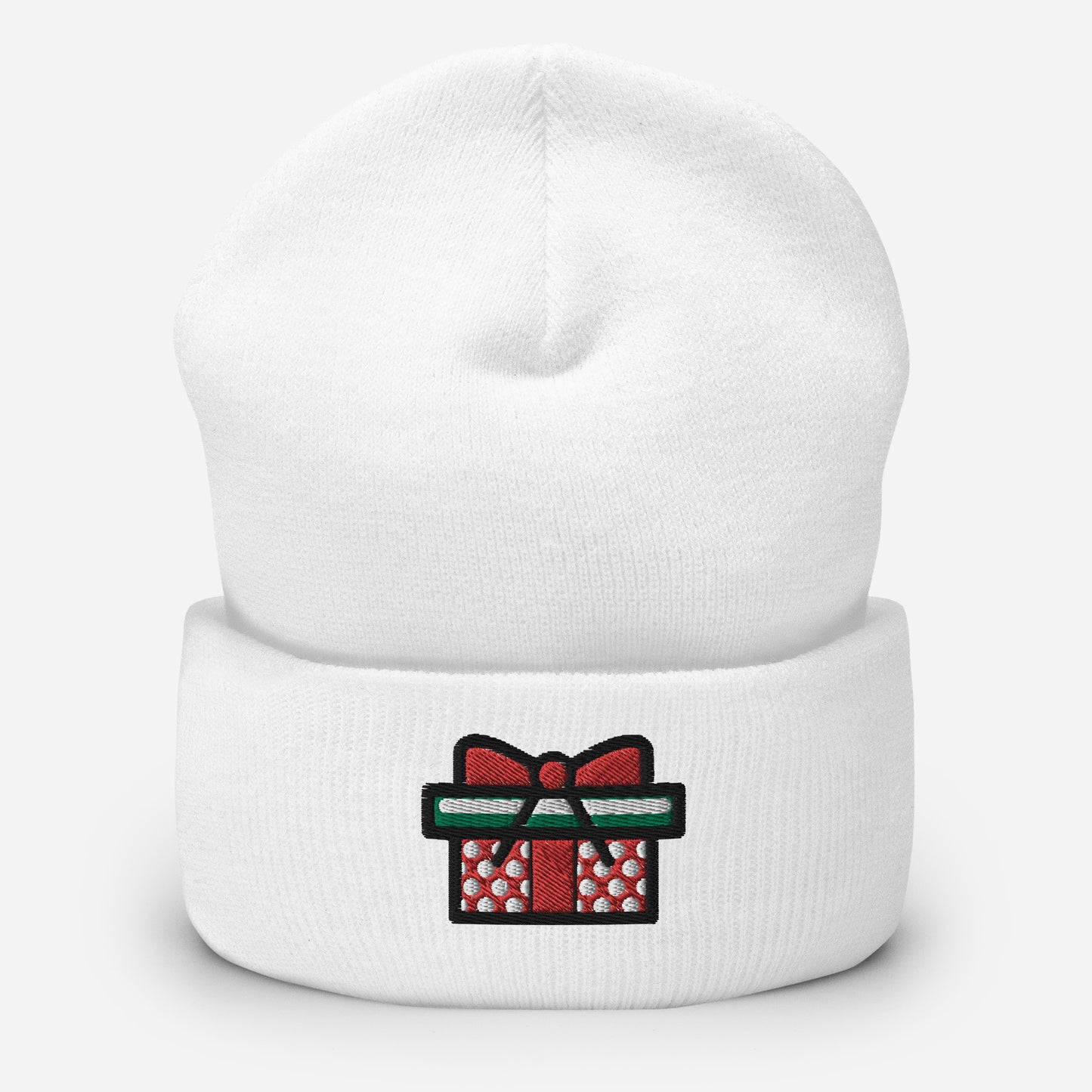 Gift Box Beanie Cap, Embroidered Christmas Cuffed Beanie, Handmade Unisex Slouchy Xmas Festive Gift Hat Cap