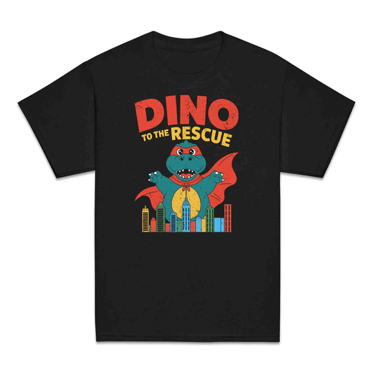 Dino to the Rescue Kids Superhero T-Shirt – Cute Dinosaur in Cape Cityscape for Boys & Girls Who Love Dinos & Adventure | PRODUCT CODE: DBNBUQWE