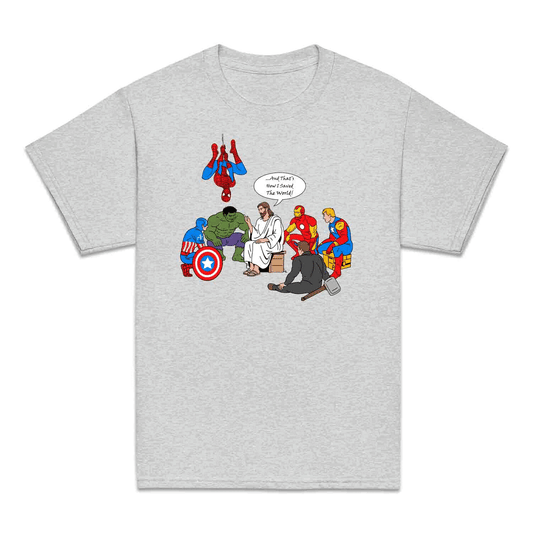 Jesus & Avengers Mashup Kids T-Shirt, Jumper & Hoodie – Christian Marvel Meme Where Faith Meets Fandom with Superhero Humor | PRODUCT CODE: JUDSQAZMLA