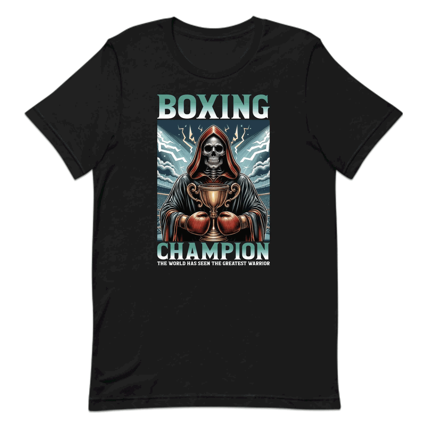 Boxing Champion Gothic Skeleton Victory Skull Holding Trophy in Arena | PRODUCT CODE: BXNGCHMPINGK