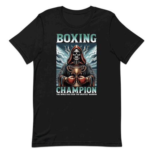 Boxing Champion Gothic Skeleton Victory Skull Holding Trophy in Arena | PRODUCT CODE: BXNGCHMPINGK