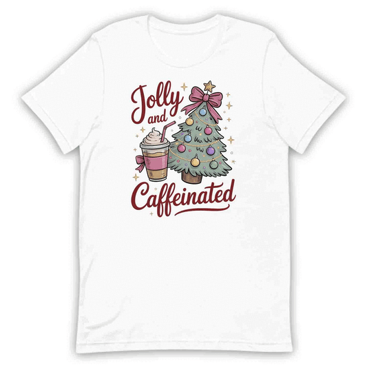 Jolly and Caffeinated Christmas T-Shirt, Festive Coffee Lover Tee, Holiday Latte Humor Shirt | PRODUCT CODE: JYLKDFSBV