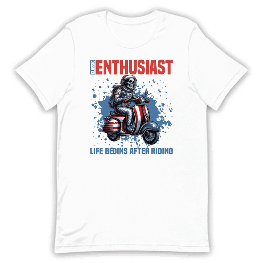 Classic Enthusiast Astronaut Riding Scooter Life Begins After Riding Quote | PRODUCT CODE: CLSWBNRAEMTSHL