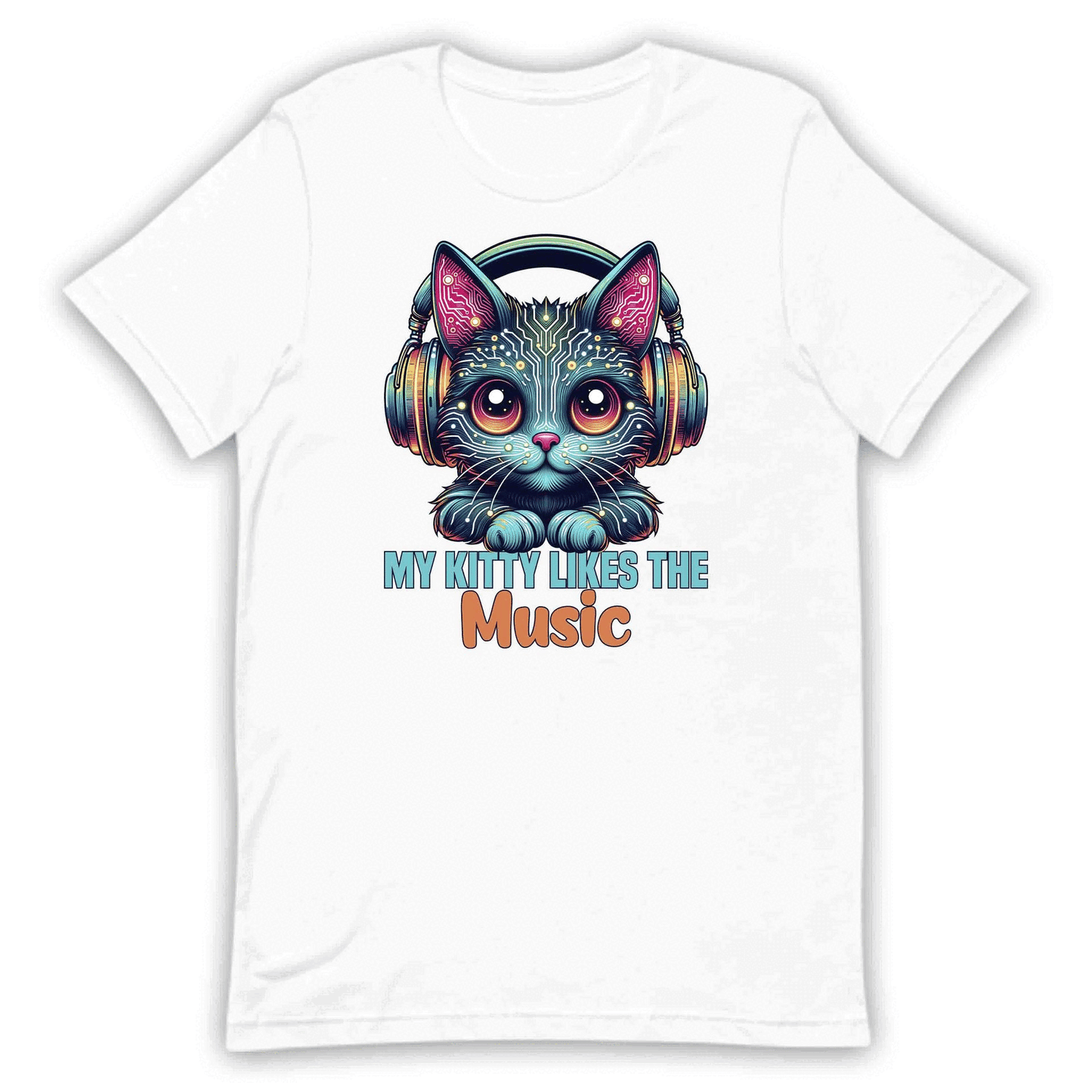 Cyberpunk Cat Headphones My Kitty Likes the Music Neon AI Futuristic Feline | PRODUCT CODE: CYBRHDPNOMKT