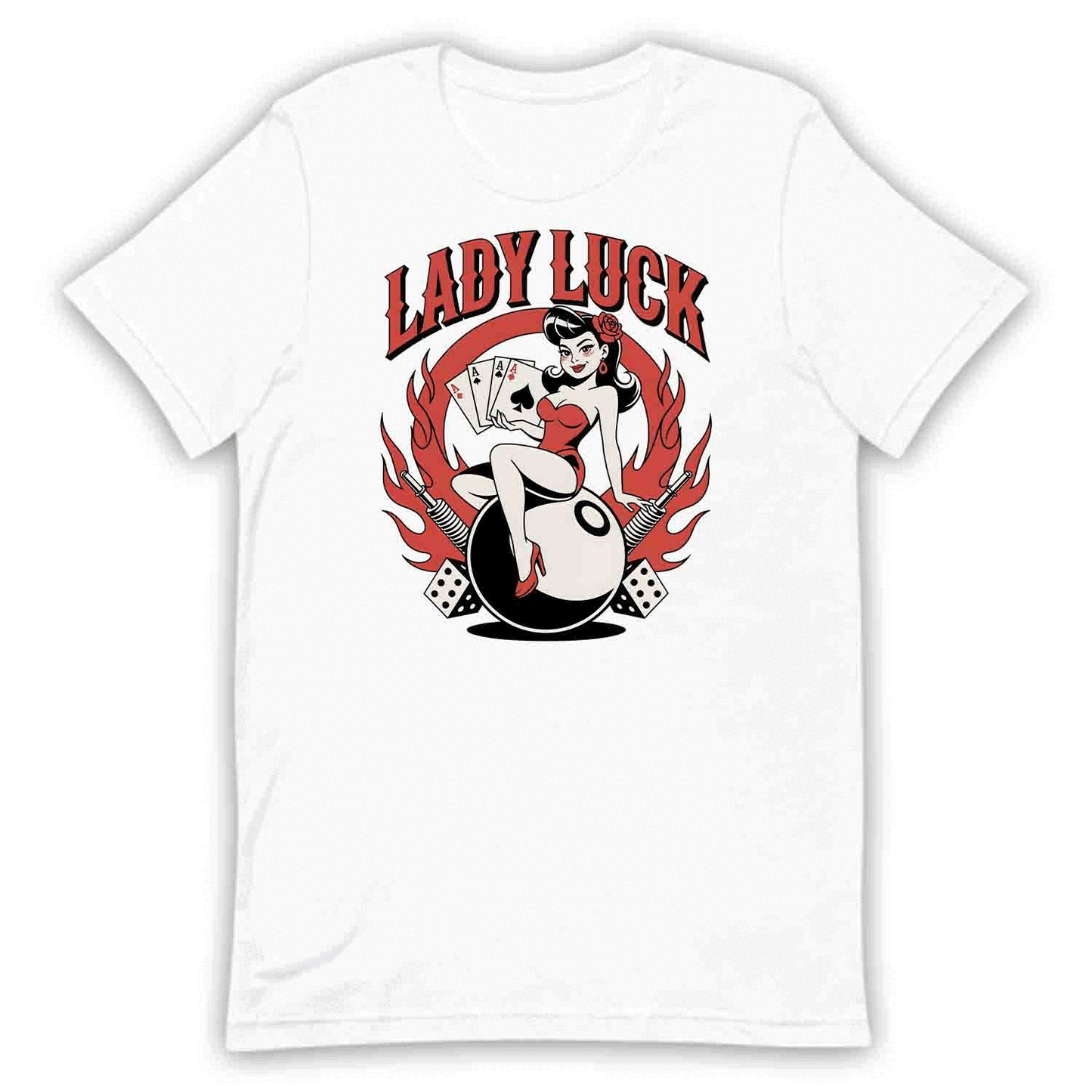 Sexy Lady Luck Gambler T-Shirt, Pin-Up Cards & Flames Sweatshirt, Rockabilly Poker Night Casino Vibes Hoodie | PRODUCT CODE: SAXIJWEJKG
