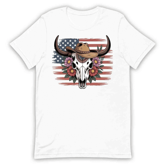 Western Cow Skull T-Shirt, Hoodie & Sweatshirt | Vintage Longhorn, Cowboy Hat, Floral Flag Rodeo Style | PRODUCT CODE: WQEVJHDSAU