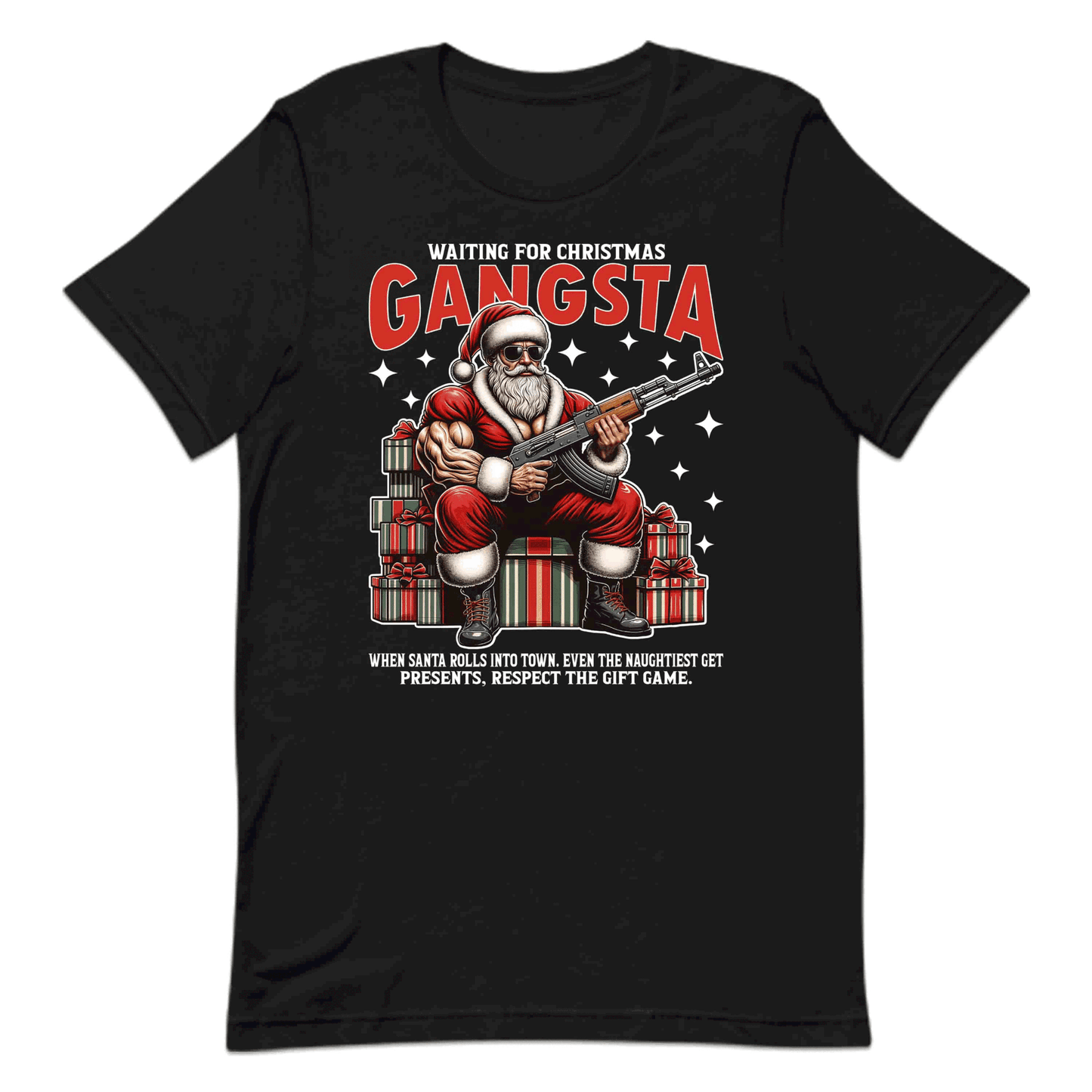 Gangsta Santa Christmas Buff Santa with AK-47 Edgy Xmas | PRODUCT CODE: GNSTCHRBFUAK