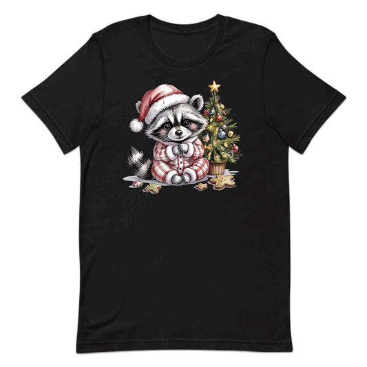 Raccoon Christmas T-Shirt, Cute Holiday Pajama Raccoon with Cookies Tee, Festive Winter Animal Lover Shirt | PRODUCT CODE: RNBCBSADX