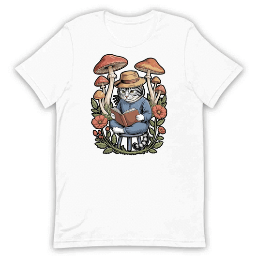 Cat Reading Under Mushrooms T-Shirt, Cottagecore Book Sweatshirt, Literary Fantasy Hoodie | PRODUCT CODE: WQEKJHSD