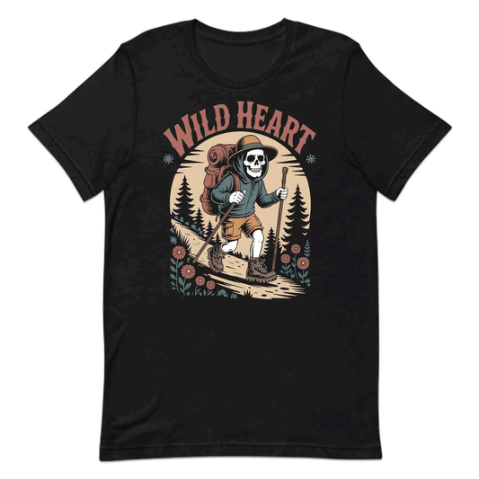 Wild Heart Skeleton Hiker T-Shirt, Hoodie & Sweatshirt | Gothic Trekking, Forest Adventure for Nature Lovers | PRODUCT CODE: WQWHJGHJSA