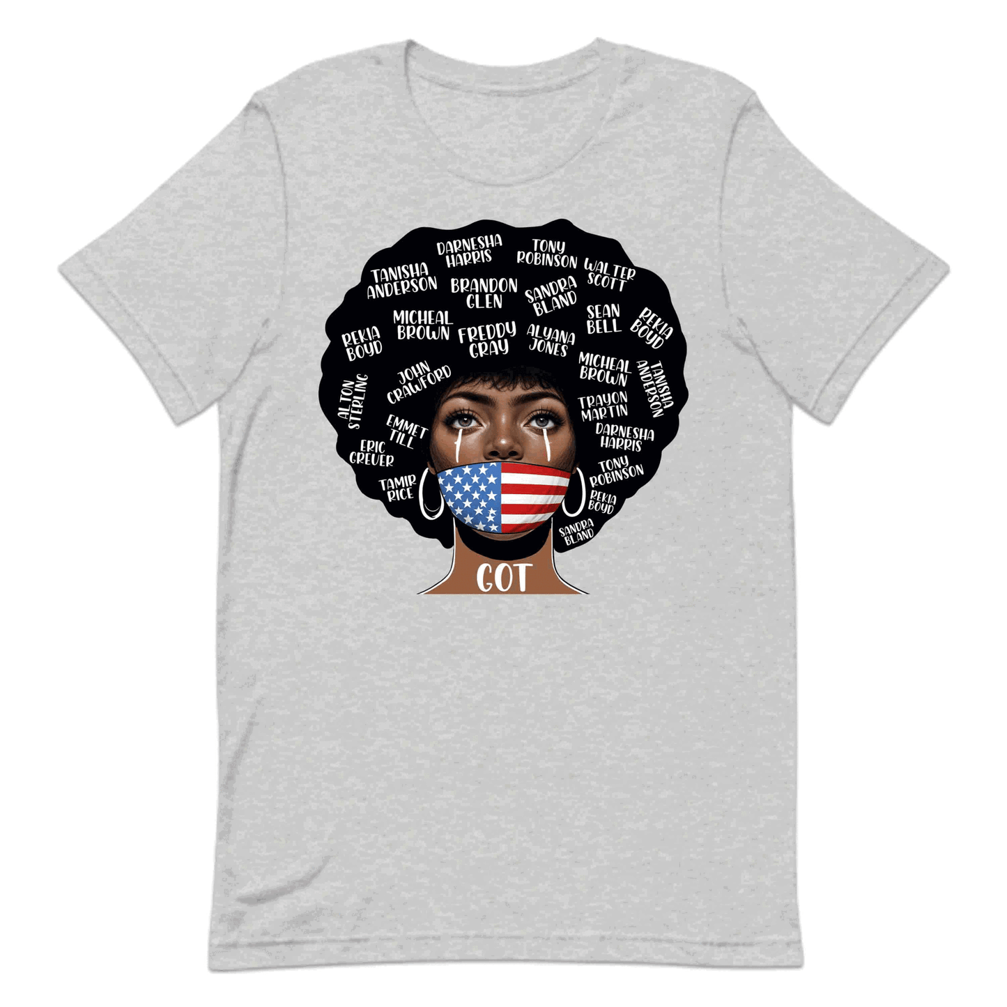 Black Lives Matter Victim Names and USA Flag Mask Striking Afro | PRODUCT CODE: BLKABDHIEIRDF