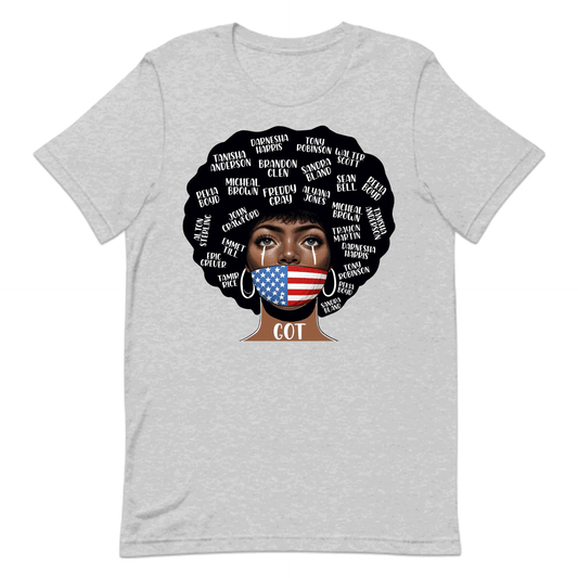 Black Lives Matter Victim Names and USA Flag Mask Striking Afro | PRODUCT CODE: BLKABDHIEIRDF
