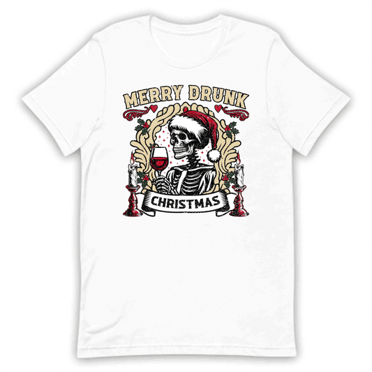 Merry Drunk Christmas Skeleton Drinking Wine Quirky Xmas | PRODUCT CODE: RYMDKNCHSKL