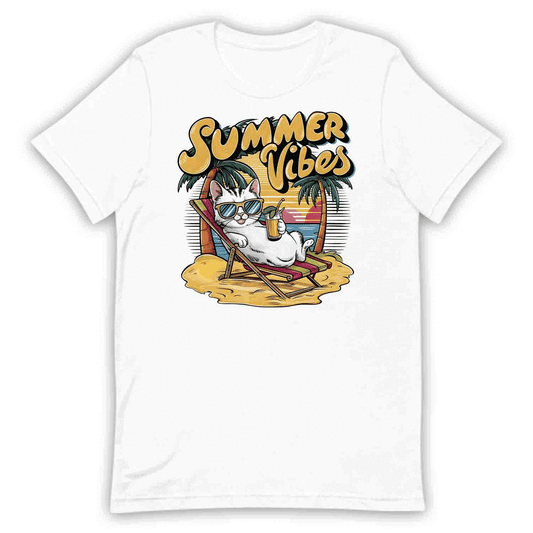 Summer Vibes Cat – Funny Tropical Vacation T-Shirt for Cat Lovers | PRODUCT CODE: SMERWVERB