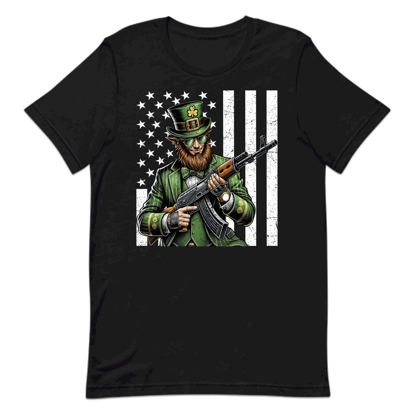 Edgy St. Patrick's Day Badass Leprechaun with AK-47 & USA Flag Irish Holiday | PRODUCT CODE: EYGDPTCKTDUYB