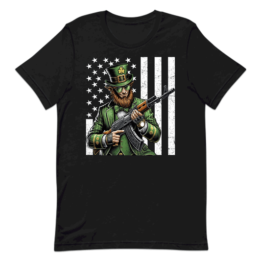 Edgy St. Patrick's Day Badass Leprechaun with AK-47 & USA Flag Irish Holiday | PRODUCT CODE: EYGDPTCKTDUYB