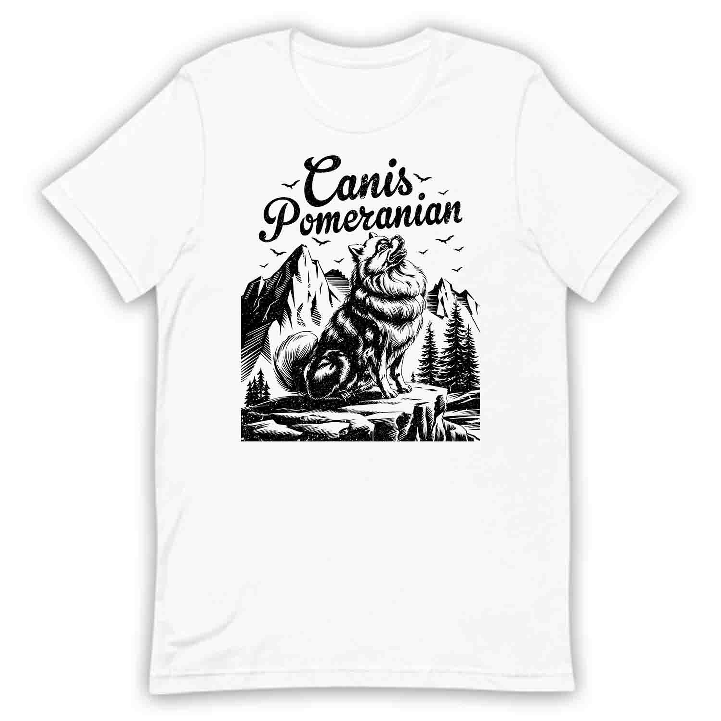 Canis Pomeranian Wilderness T-Shirt, Sweatshirt, Hoodie – Fluffy Howling Dog & Nature Adventure | PRODUCT CODE: CNSTPRWNAWO