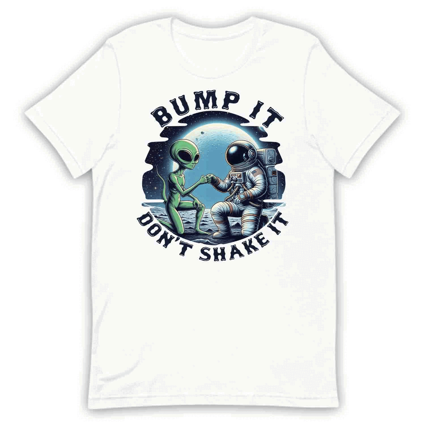 Astronaut & Alien Fist Bump T-Shirt, Sweatshirt, Hoodie – Retro Sci-Fi & Outer Space Vibes | PRODUCT CODE: ATRISOPCNQM